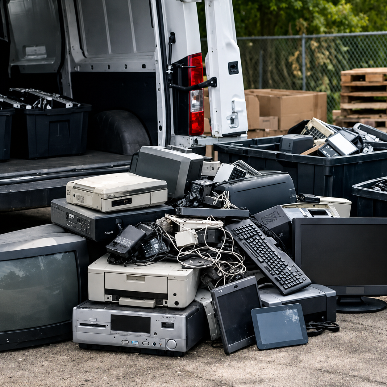 Equipamentos eletrônicos descartados sendo recolhidos